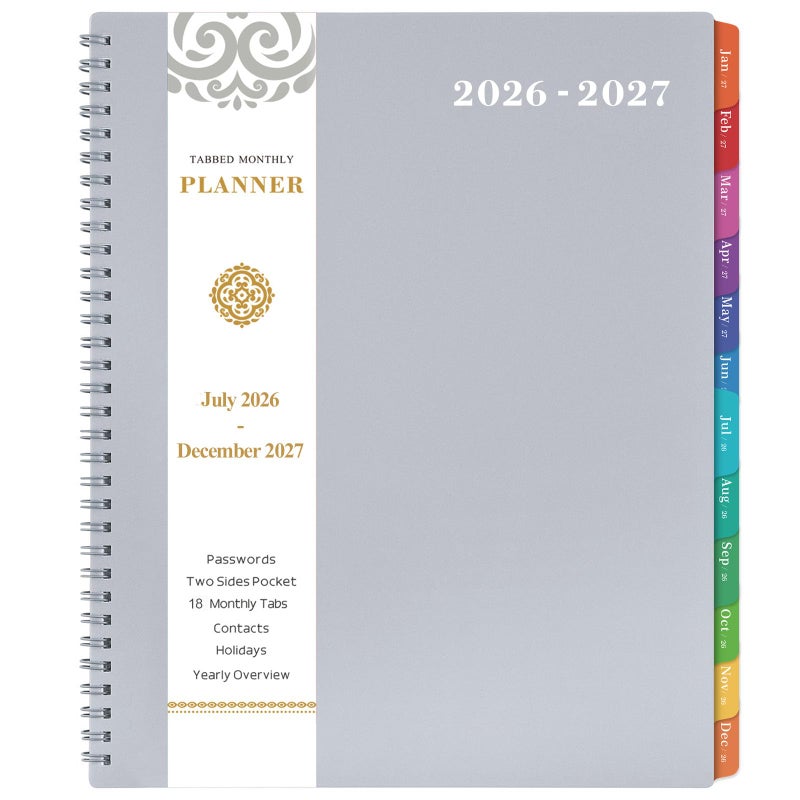 Artfan 2026-2027 Monthly Planner - 2026-2027 Planner/Calendar - JUL 2026 - DEC 2027, 18-Month Planner with Tabs & Pocket & Label, Contacts and Passwords, 9" x 11", Thick Paper, Twin-Wire Binding - Grey by Artfan - Image 1